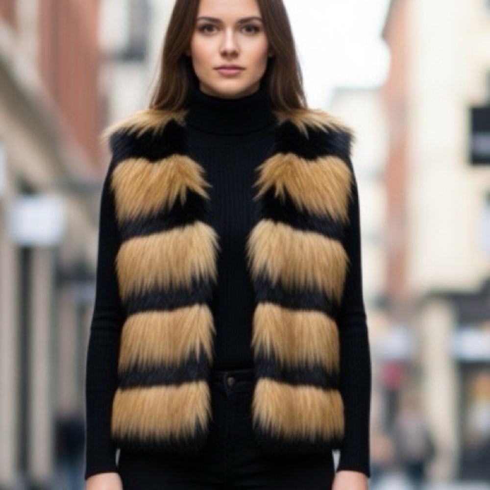 DOLCE CABO Striped Faux Fur Vest in Black & Camel Penny Lane Boho Luxe Sz: M